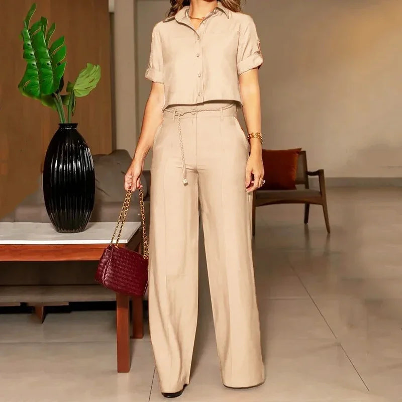 Wefads Two Piece Set Women Summer Casual Solid Lapel Single Breasted Button Short Sleeve Top With Belt Wide Legs Pants Set