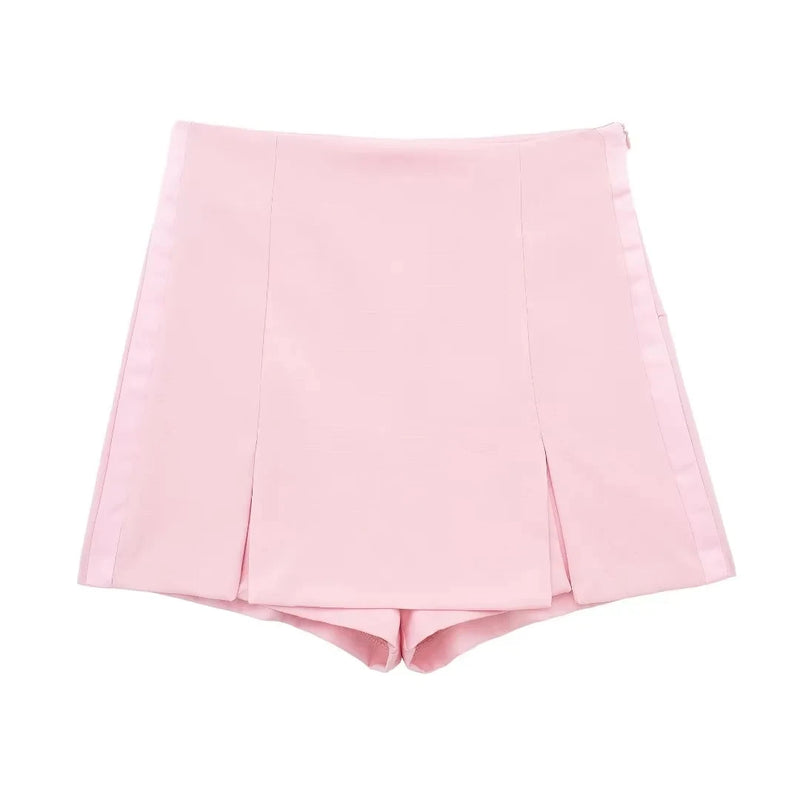 TRAFZA Women Elegant Pink Shorts Sets Off Shoulder Strapless Tank Tops Slim Slit Shorts Skirt Fashion Y2K High Street Outfit